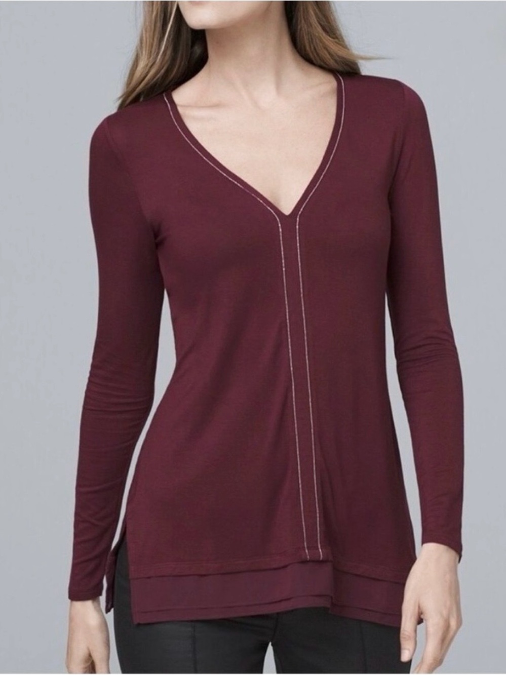 White House Black Market Burgundy Embellished V-Neck Chiffon Hem Top M
